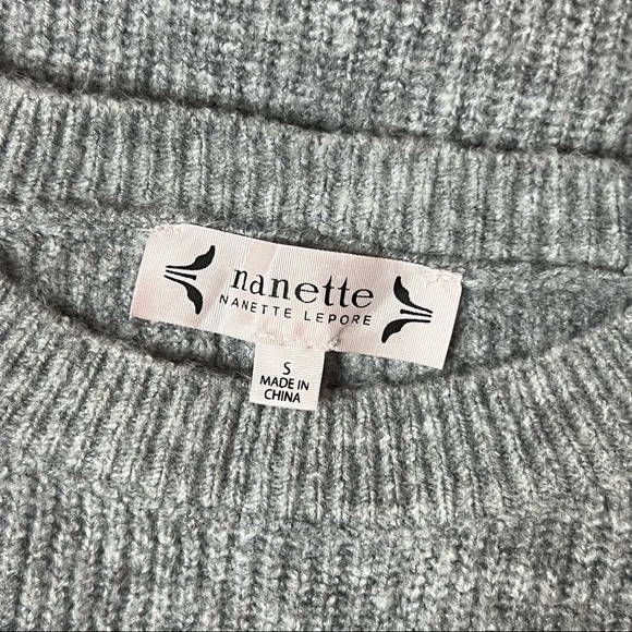 NANETTE LEPORE Crochet Shoulder Puff Sleeve Ribbed Crew Neck Pullover Sweater S - Picture 3 of 5